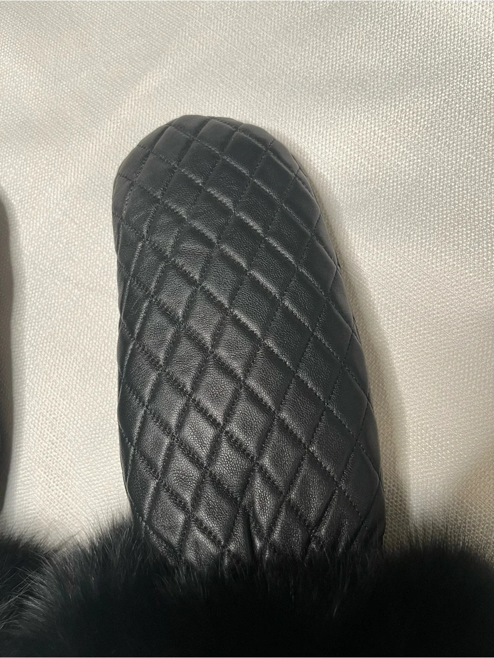 Mitchies Blue Fox Fur Trimmed Quilted Leather Mittens
